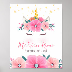 Poster Rosto Floral de Unicórnio em Aquarela Estrelas Beb