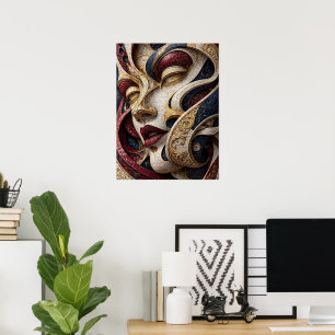 Poster Rosto Mosaico Dourado Marfim Azul Naval Borgonha