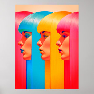 Poster Rostos Coloridos Perfis Laterais Multicor Vibrante