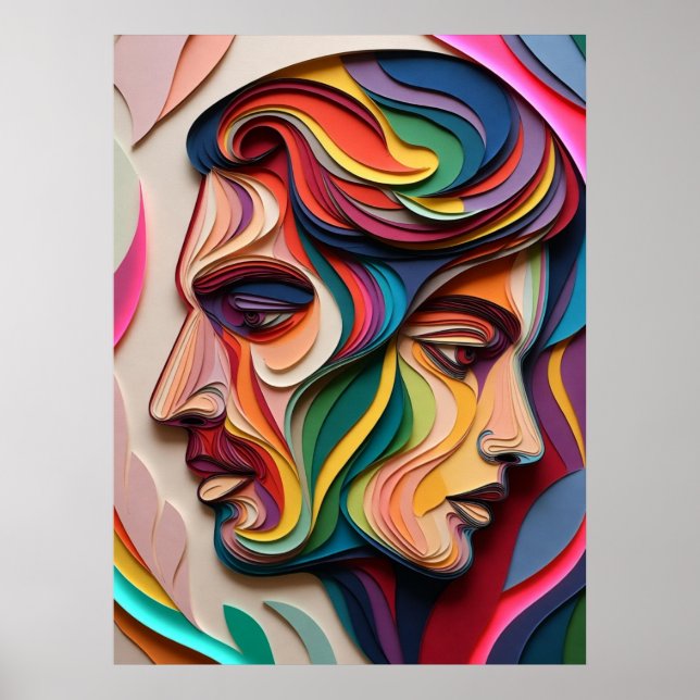 Poster Rostos Duplos em Abstrato Multicolorido em Camadas (Frente)