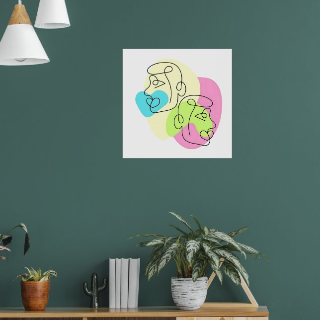 Poster Rostos Gêmeos Coloridos Linha Abstrata (Sala de Estar 1)
