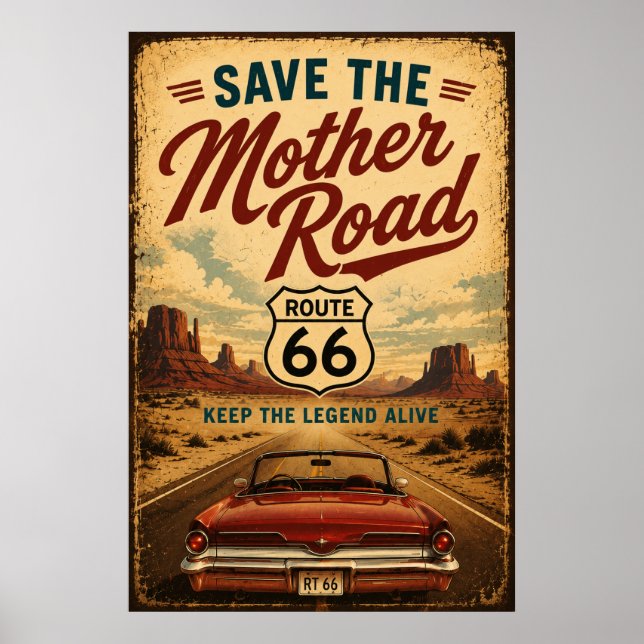Poster Rota 66 Carro Clássico Estrada do Deserto American (Frente)