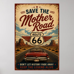 Poster Rota 66 Carro Clássico Estrada Mãe Legado Arte Ret