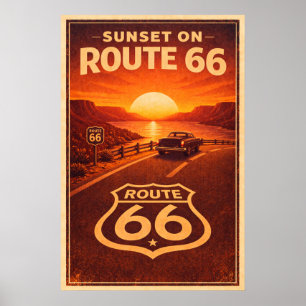 Poster Rota 66 do Pôr do Sol Retro Pintura de Viagem Vint