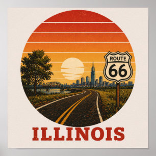 Poster Rota 66 Illinois Chicago Pôr do Sol Paisagem Urban