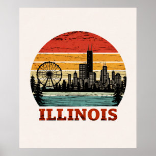Poster Rota 66 Illinois Chicago Skyline Listra Retro Sol