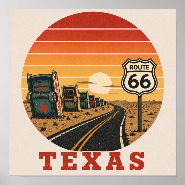 Poster Rota 66 Texas Cadillac Deserto Pôr do Sol (Frente)