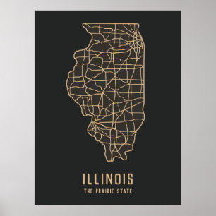 Poster Roteiro do Estado do Illinois - Mapa do Estado da 