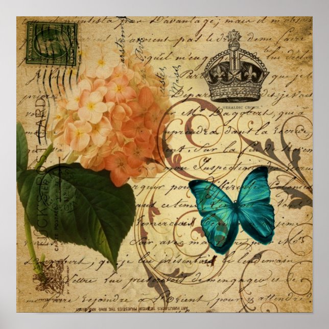 Poster roteiros botânicos franceses da borboleta azul (Frente)