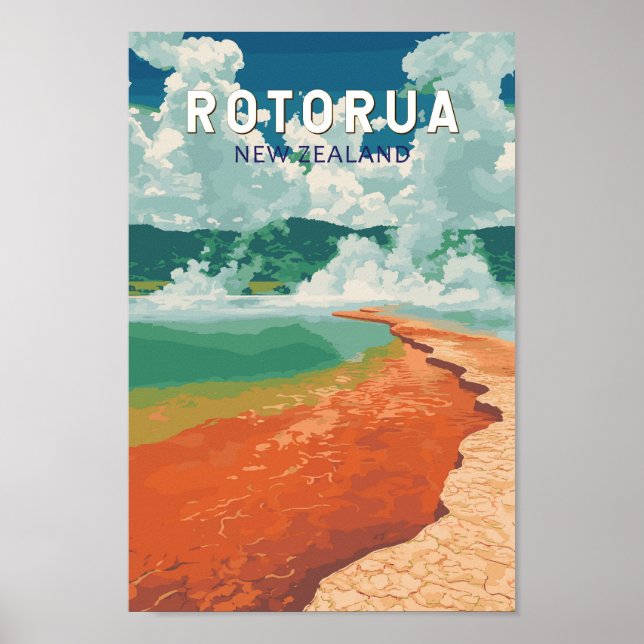 Poster Rotorua Nova Zelândia Ilustração Retro de Arte Via (Frente)