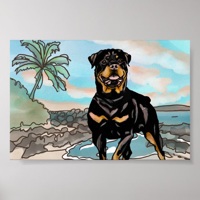 Pôster Rottweiler Brincando na Praia do Havaí (Frente)