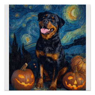 Pôster Rottweiler Cachorro Fofo Dia das Bruxas Jack O Lan