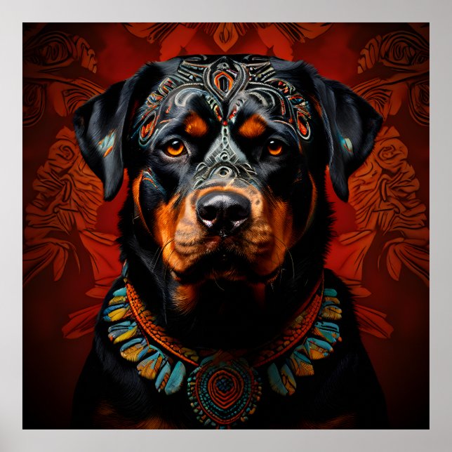 Poster Rottweiler ceremonial em roupa de guerreiro (Frente)