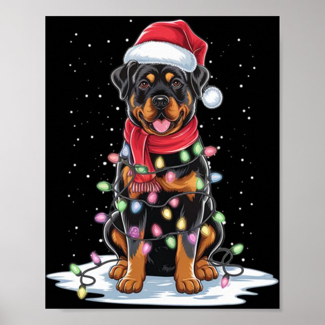 Poster Rottweiler Dog Santa Hat Christmas Tree Light Xmas (Frente)