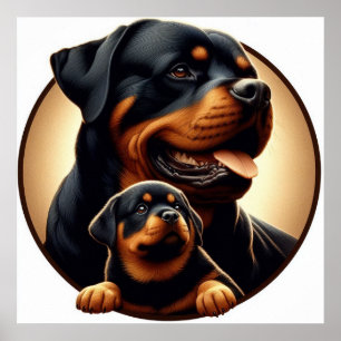 Poster Rottweiler Mãe e Puppy 03 5000X