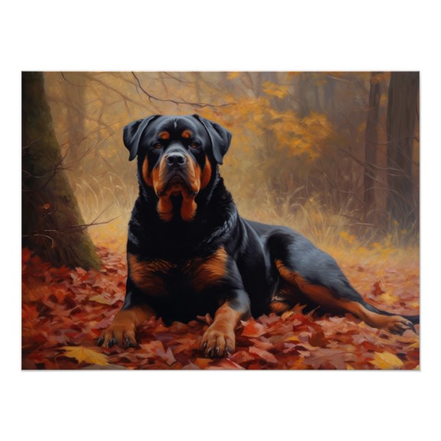 Pôster Rottweiler nas Folhas de outono cai inspirador (Frente)