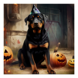 Pôster Rottweiler Pumpkins Halloween Assustado