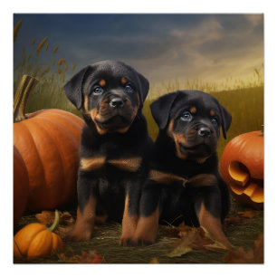 Pôster Rottweiler Puppy Autumn - Pumpkin