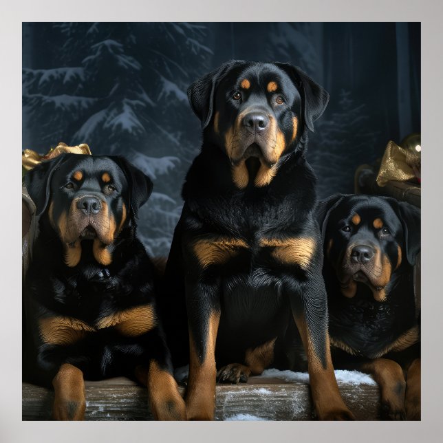 Poster Rottweiler Snowy Sleigh Decência de Natal (Frente)
