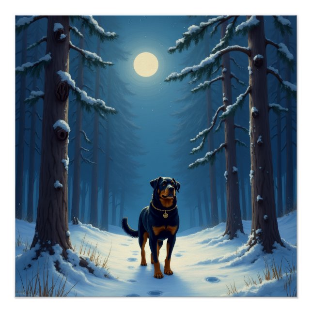Pôster Rottweiler Starry Forest Hike Christmas Painting (Frente)