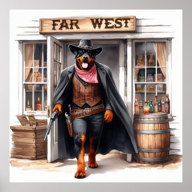 Poster Rottweiler Xerife em Longe West Saloon Watercolor (Frente)