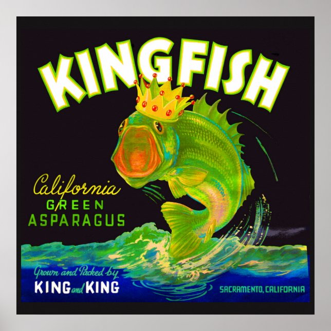 Poster Rótulo da caixa espargos Kingfish 1930 (Frente)