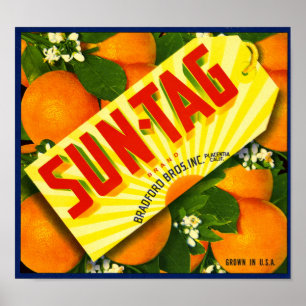 Poster Rótulo de Caixa de Fruta Laranja da Marca Sun-Tag