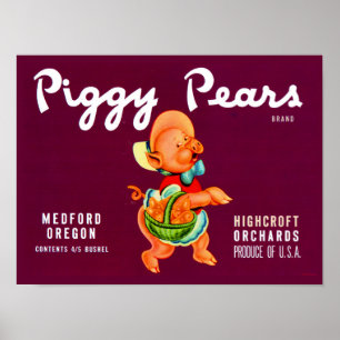 Poster rótulo de caixa de frutas Pears Piggy de 1940