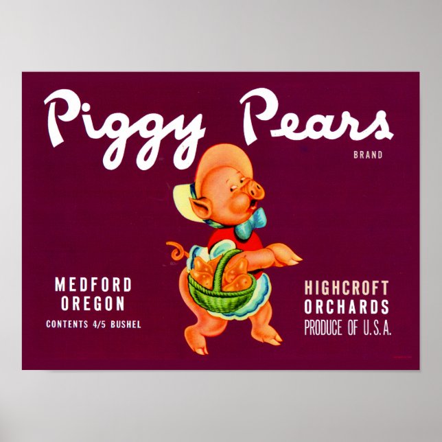 Poster rótulo de caixa de frutas Pears Piggy de 1940  (Frente)