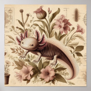 Poster Rótulo de Desenho Antigo de Axolote com Florais Aq
