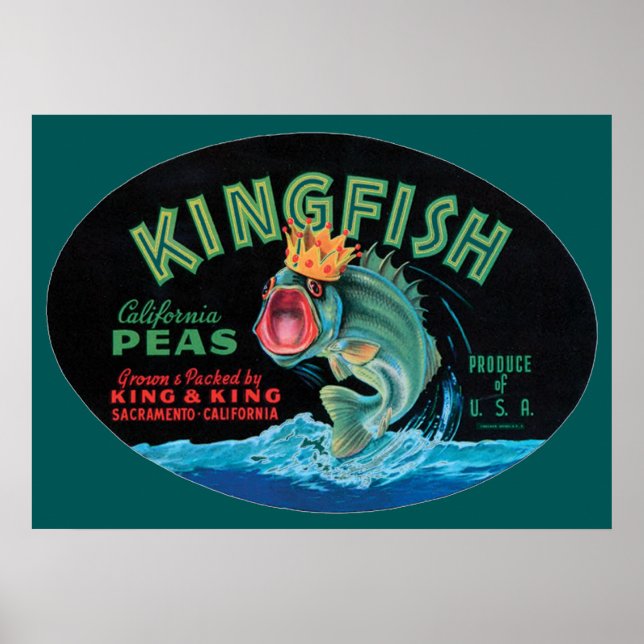 Pôster Rótulo de Taxa de Crato de Peas de Kingfish Vintag (Frente)
