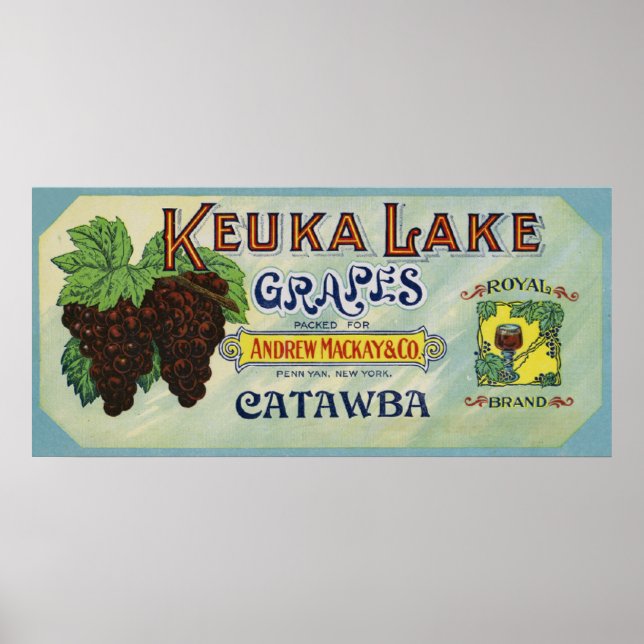 Poster Rótulo de Uvas do Lago Keuka Marca Real (Frente)