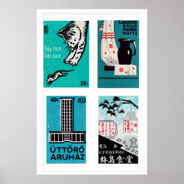 Poster Rótulos de Caixa de Fósforos em Grid Turquesa e Pr (Frente)