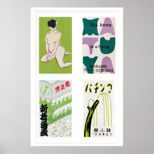 Poster Rótulos de Caixa de Fósforos Japonesa Verde em Gri