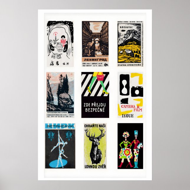 Poster Rótulos de Caixa de Fósforos Pretos em Grid, Ephem (Frente)