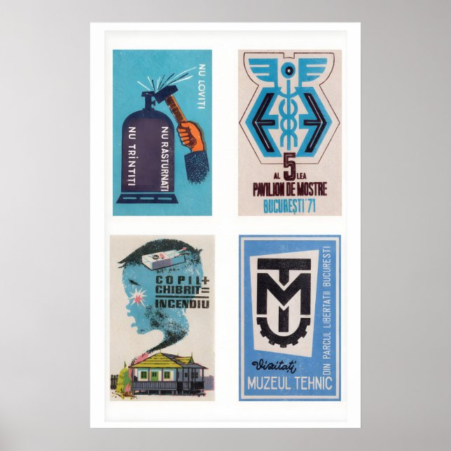 Poster Rótulos de Caixa de Fósforos Romena Azul em Grid,  (Frente)