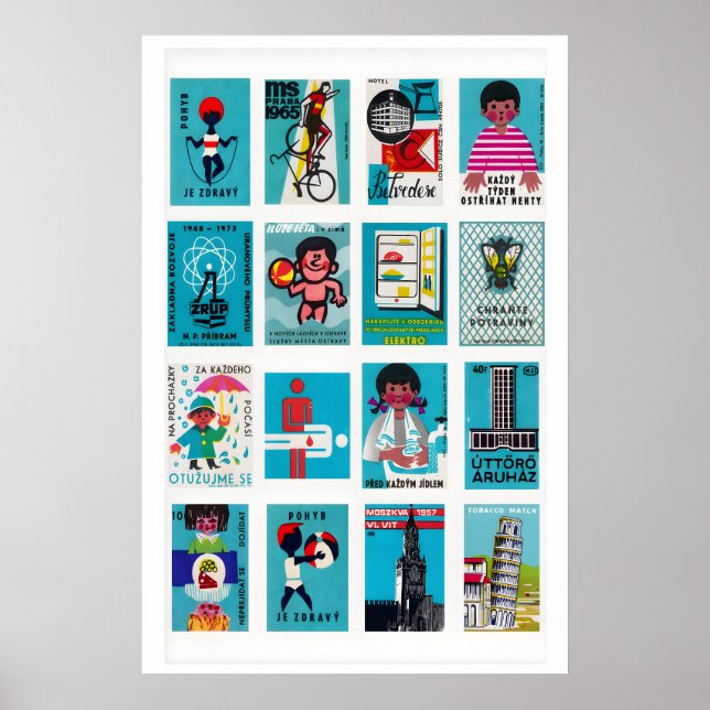 Poster Rótulos de Caixa de Fósforos Turquesa em Grid, Efê (Frente)