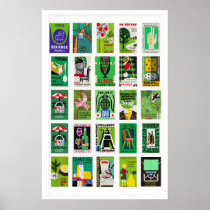 Poster Rótulos de caixa de fósforos verde Colagem, vintag