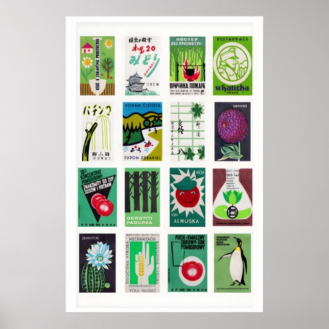 Poster Rótulos de Caixa de Fósforos Verde em Grid, Arte d (Frente)