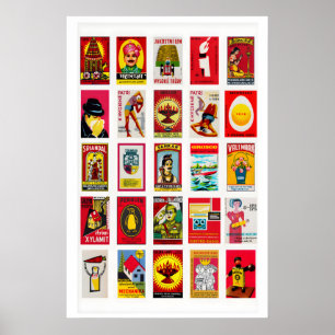 Poster Rótulos de caixa de fósforos vermelhos Colagem, in
