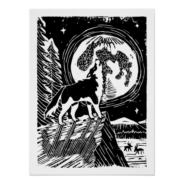 Pôster Rouco de Howling Preto e Branco no Linocut da Noit (Frente)