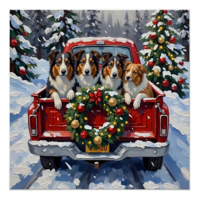 Pôster Rough Collie Christmas Red Truck Holiday (Frente)