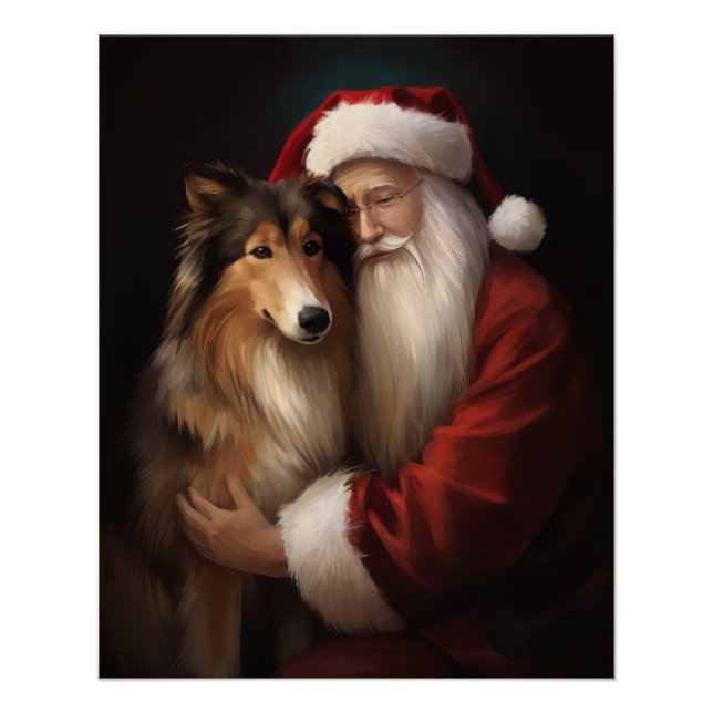 Pôster Rough Collie com Papai Noel Natal Festivo (Frente)