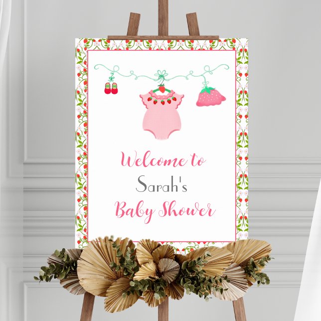 Poster Roupa de Bebê de Morango Com Placas de Boas Vindas (Welcome your guest with this Strawberry Baby Outfit Poster, Patterned Perfection Awaits!)