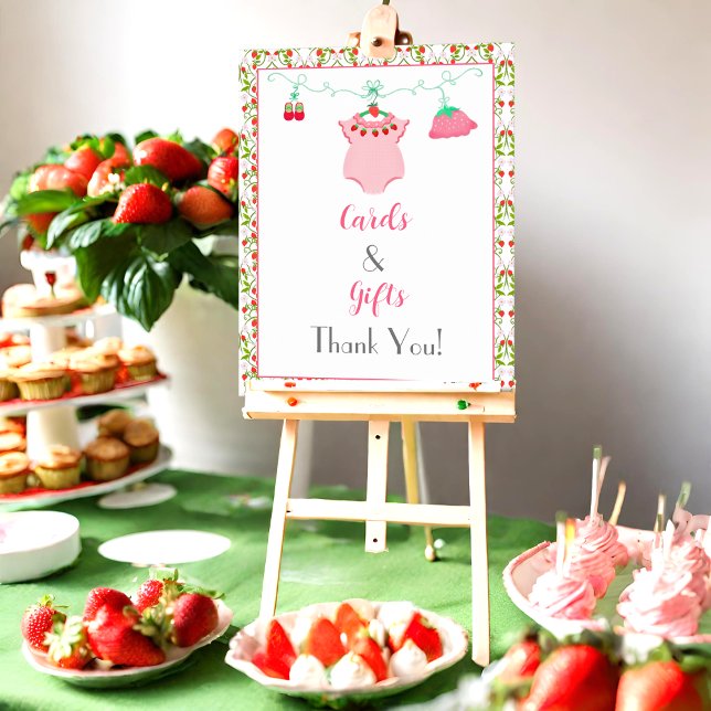 Poster Roupa de Bebê Morango Cartões e Presentes para Chá (Gifts Galore: Strawberry Baby Outfit Shower Poster Presents Perfectly Arranged!)