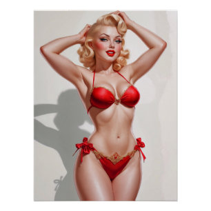 Pôster Roupa Vermelha Loura Pin-Up