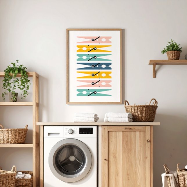 Poster Roupas Cores Brilhantes Arte Sala de Lavagem (colorful pink, yellow, teal and navy blue modern graphic clothes pins art for a fun laundry room)