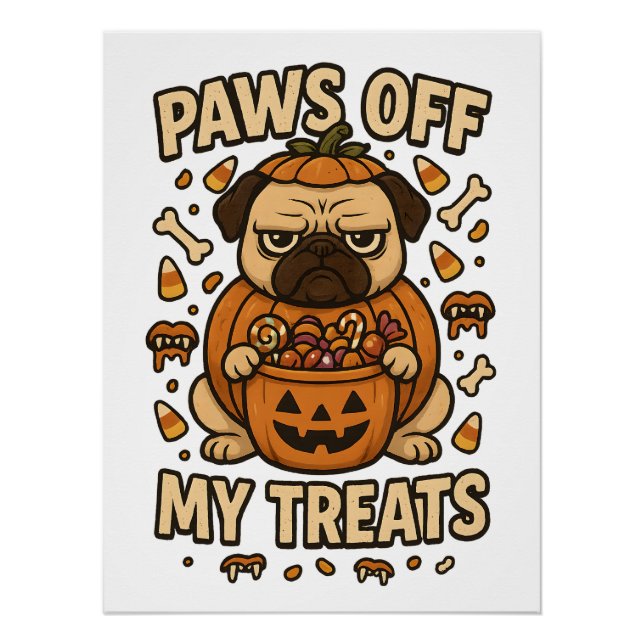 Pôster Roupas de Pug Mal-humorado Paws Off My Treats Doce (Frente)