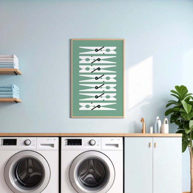 Poster Roupas Pinos Black White Lâmpada Verde Arte (millennial green and white modern graphic clothes pins art for a fun laundry room)