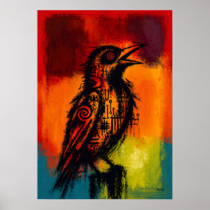 Poster Rouxinol Abstrato em Campos de Cor Expressionista
